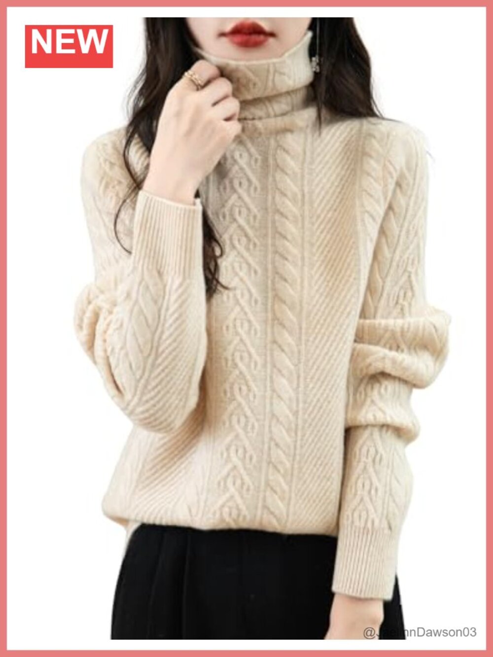100% Merino Wool Turtleneck Cable Knit Pullover Sweater